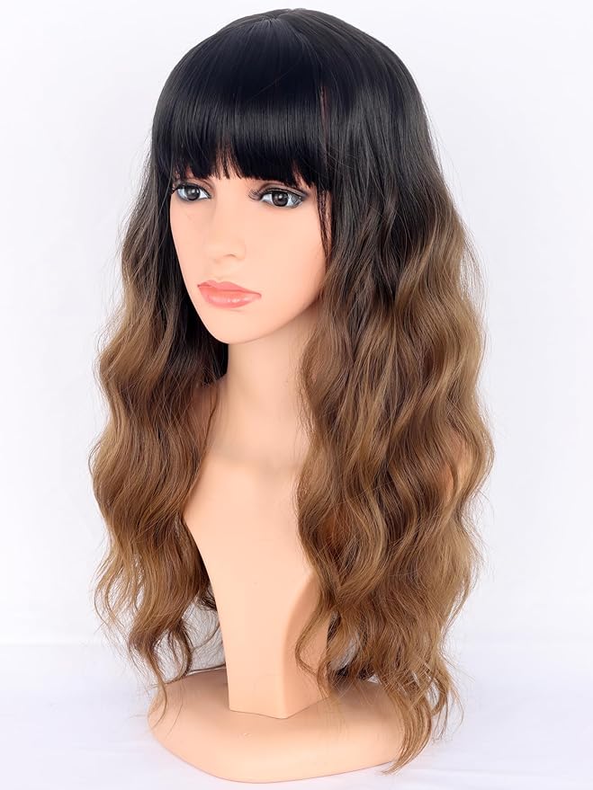 Ombre Brown Wavy Wigs with Bangs for Women - Medium Long Synthetic Black To Brown Wigs Heat Resistant for Daily Party Use
