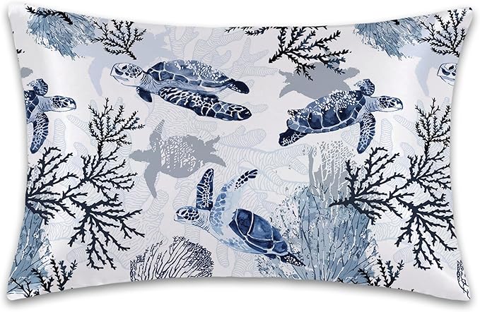 Satin Pillowcase 1 Pack-Nautical Turtle and Corals Silky Pillow Cover for Hair and Skin,King Size 20x36 Inch Soft Cooling Printed Pillow Cases with Hidden Zipper,Gifts for Women Men