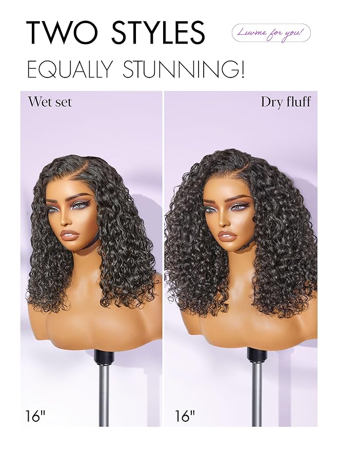 LUVME HAIR Curly Deep Wave Glueless Lace 100% Human Hair Short Wigs 14 Inches Pre Cut Plucked Hd Lace Wig Ready To Go Natural Color Bleached Knots Side Part Black Wigs 14 Inches