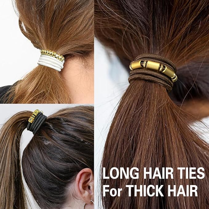 Brown Extra Large Long Bracelet Hair Ties for Thick Curly Hair,3 Pack 3mm Elastic Ponytail Holders Accessories for Women No Damage Stretchy Pony Tails Bands with Gold Metal Charms Beads