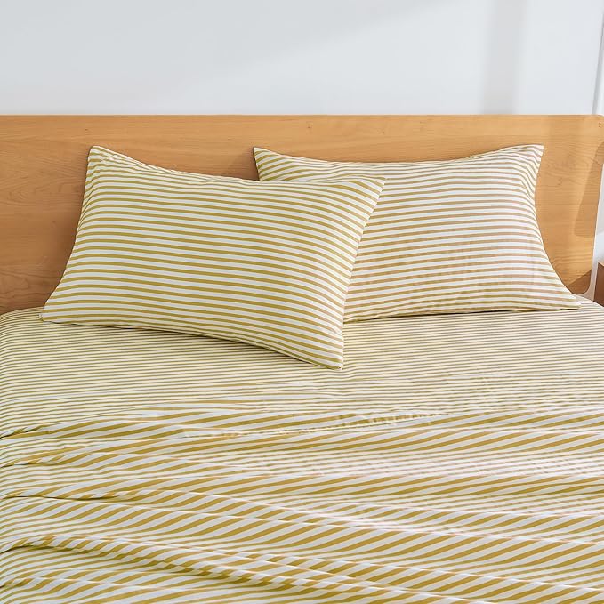 JELLYMONI 100% Cotton Striped Standard Pillowcases Set, 2 Pack White and mustard Yellow Stripes Pillow Covers with Envelope Closure(Pillows are not Included)