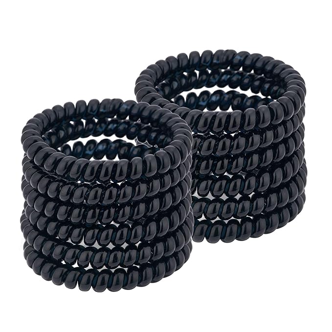 Spiral Hair Ties (Thin Black, 12 Pcs) - Plastic Spiral Coil Ponytail Holders for Women, No Crease Phone Cord Ties for All Hair Types