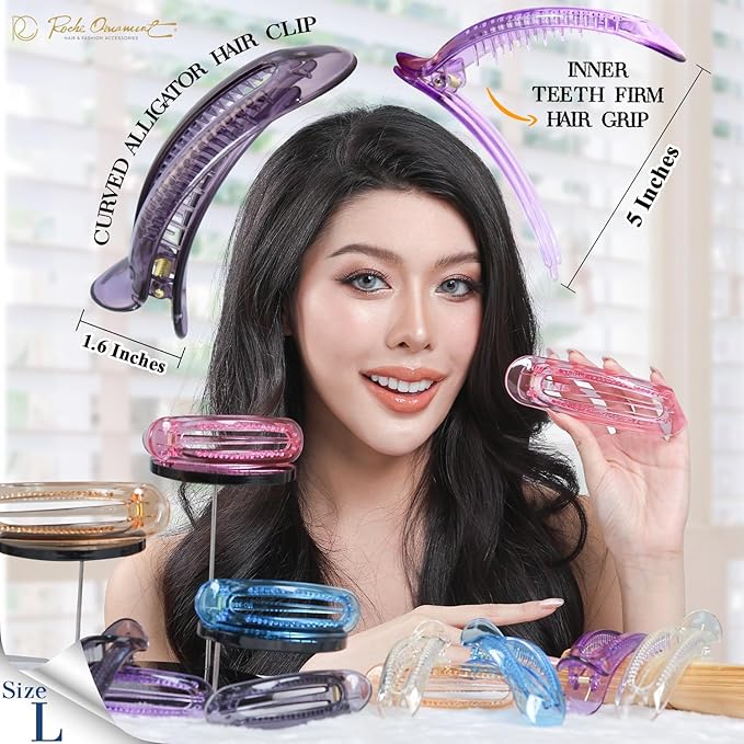 RC ROCHE 6 Pcs Flat Claw Hair Clips for Women Alligator French Barrette Long Thick Hair Duckbill Curved No Slip Grip Lay Flat Side Slide Firm Classic Styling, Large Transparent Multicolor