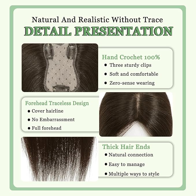 Hair Toppers for Women Real Human Hair, 360°3D Bangs Clip Human Toppers for Women with Thinning hair Realistic Scalp Line (Medium Brown, 3D Side Bangs (11 * 7))