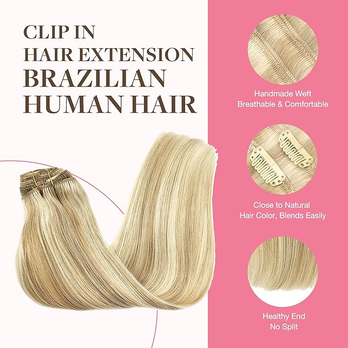 GOO GOO Clip in Hair Extensions Real Human Hair, Remy Human Hair Extensions Clip ins for Women, Natural Human Hair, 16inch 150g 9Pcs, 18A/613A Dark Blonde Highlighted Bleach Blonde