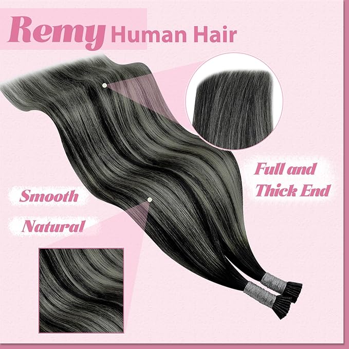 YoungSee Itip Human Hair Extensions Ombre Black 22 Inch I Tip Extensions Silver with Black Balayage Itip Extension Human Hair Pre Bonded Hair Extension Itips Hair Extension Long Hair 50s 50g