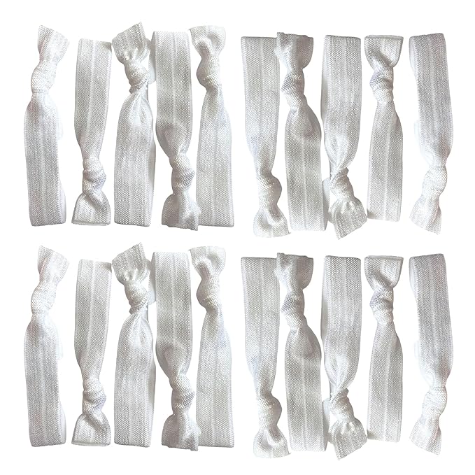 Kenz Laurenz Hair Ties 20 Elastics Ponytail Holder Set No Crease Ribbon Bands (White)