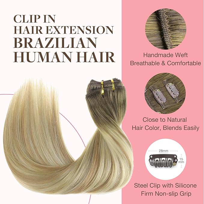GOO GOO Clip in Hair Extensions Real Human Hair, Remy Human Hair Extensions Clip ins for Women, Natural Human Hair, 18inch 120g 7Pcs, 5A/90/16F Bahamian Balayage