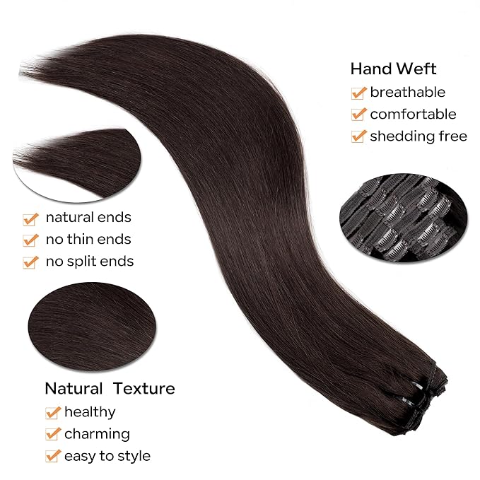 Straight Clip In Hair Extensions Real Human Hair 8Pcs Clip In Dark Brown Human Hair Extensions with 18Clips Lace Weft 120g 20inch