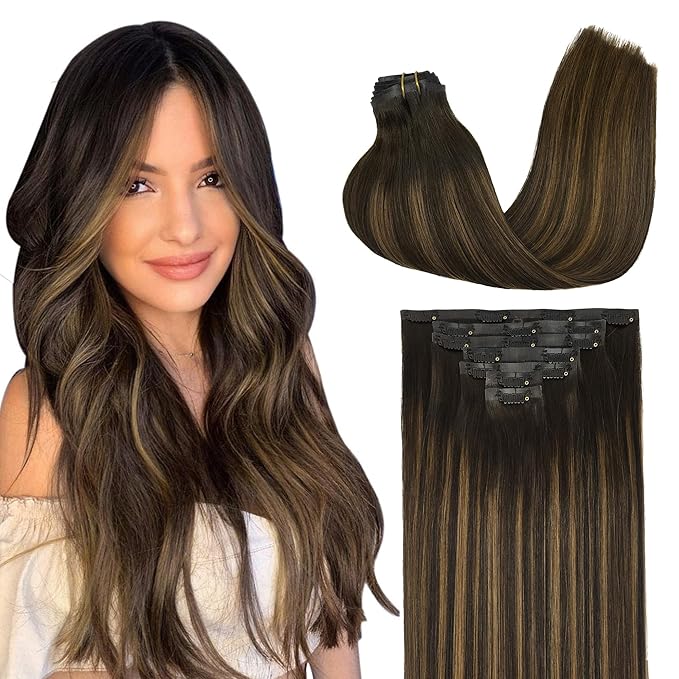 GOO GOO Clip in Hair Extensions Real Human Hair, Remy Human Hair Extensions Clip ins for Women, Natural Human Hair, 16inch 130g 7Pcs, 2/6/2 Balayage Dark Brown to Chestnut Brown