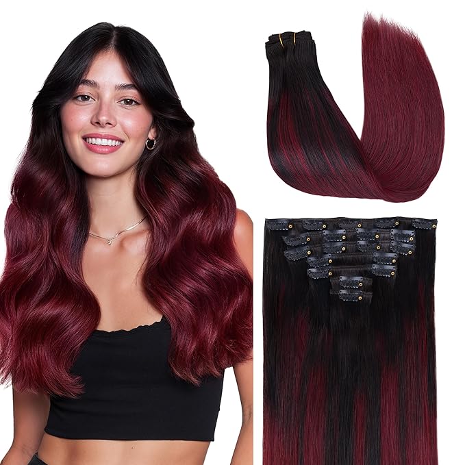 GOO GOO Clip in Hair Extensions Real Human Hair, Remy Human Hair Extensions Clip ins for Women, Natural Human Hair, 12inch 85g 7 Pcs, #1/99j Balayage Jet Black to Red