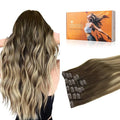 DOORES Hair Extensions Clip in Human Hair Balayage Walnut Brown to Ash Brown and Bleach Blonde 120g 7pcs 20inch Real Hair Extensions Clip in Straight Natural Thick Weft