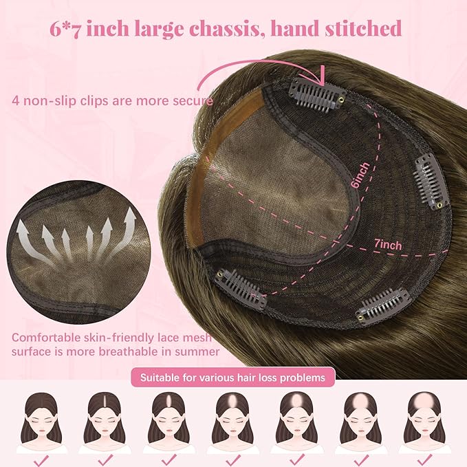 Hair Toppers for Women Real Human Hair 6x7inch 55g Large Base Chocolate Brown 12inch Hair Pieces for Women with Thinning 360°Cover Clip In Extensions Topper Add Volume (#4Toppers-12inch)