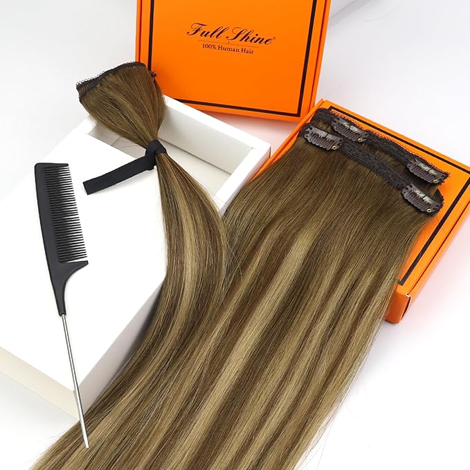 Full Shine Seamless Hair Extensions Clip in 20 Inch Ombre Brown and Medium Brown Highlight Blonde Hair Extension Clip ins Long Silky Straight Hair 60 Grams 3 PCS