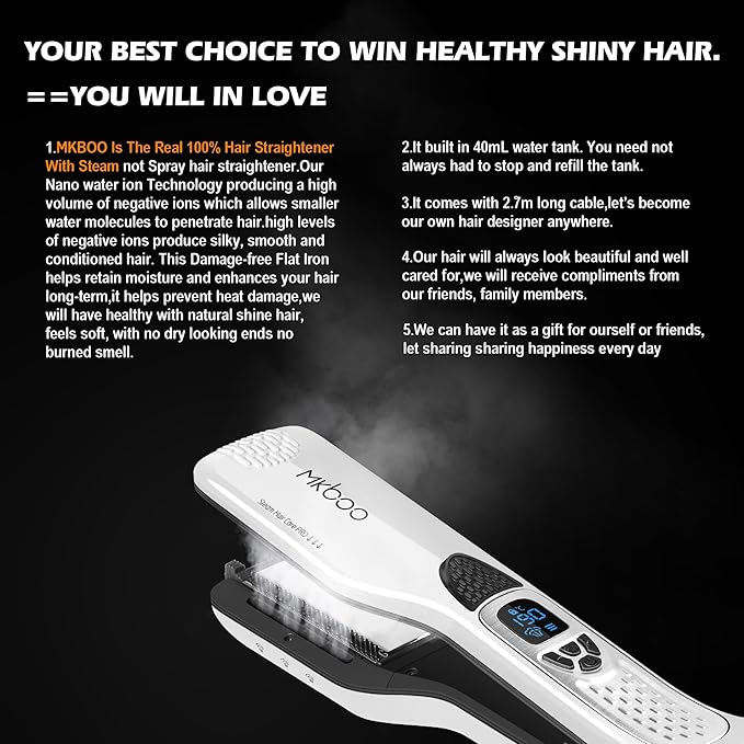 MKBOO Hair Straightener with Steam, Salon Professional Nano Titanium Ceramic Steam Flat Iron with Removable Comb+Digital LCD+5 Level Adjustable Temperature+Auto Temperature Lock Black