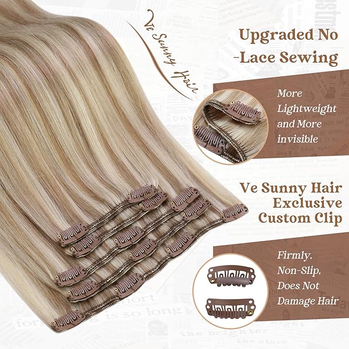 Ve Sunny Clip in Hair Extensions Highlights Human Hair Clip in Extensions Dark Ash Blonde Highlights Light Blonde Hair Extensions Clip ins Short Straight Flexible Hair for Women 7pcs 14inch 100g