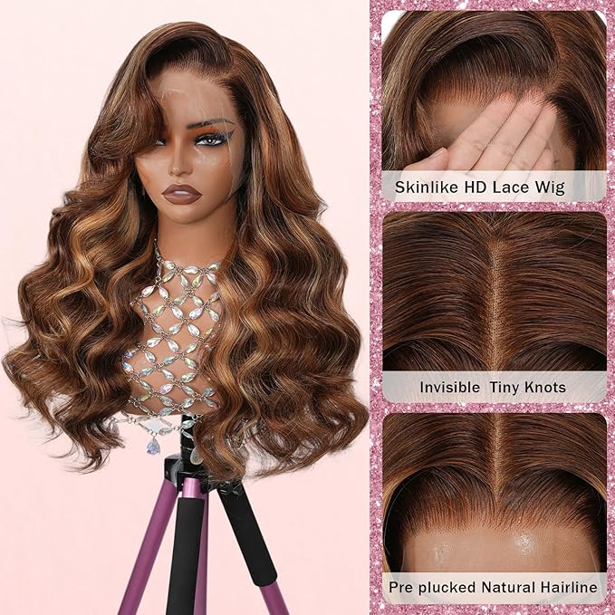 13x4 Full Lace Fronatal Wig Skinlike HD Lace Wig 4/27 Highlight Honey Blond Body Wave Lace Front Wigs Pre Plucked Tiny Knots with Baby Hair 200% Density for Women Body Wave Colored Wig