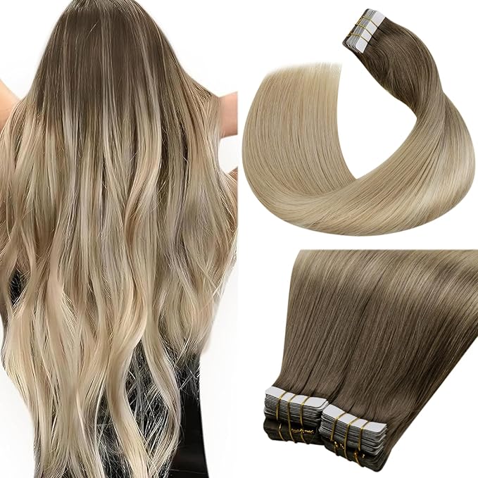 LaaVoo Tape in Hair Extensions Balayage Brown to Ash Blonde Mix Platinum Blonde Tape in Extensions Real Human Hair 100g 16 Inch 40pcs