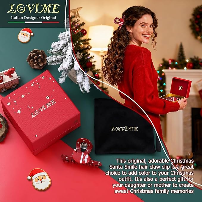 Premium Christmas Red Hair Clips for Women, Christmas Hair Claw Clips for Girls, Original Italian Designed Strong Hold No Slip Claw Clip with Gift Box SANTA SMILES-L