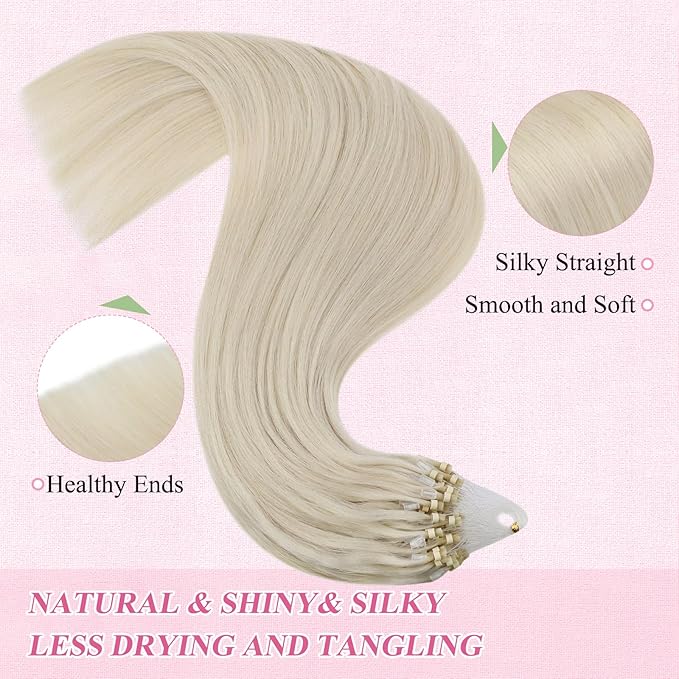 YoungSee Micro Bead Hair Extensions Real Human Hair Blonde 16 Inch Micro Link Hair Extensions Human Hair Platinum Blonde 50g Beaded Hair Extension Blond 50s Cold Fusion Hair Extension 50g for Girls