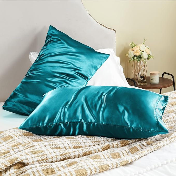 BEDELITE Satin Pillowcase for Hair and Skin, Super Soft and Cooling Similar to Silk Pillow Cases 2 Pack with Envelope Closure, Gift for Women Men(20"x30" Queen Size, Teal)