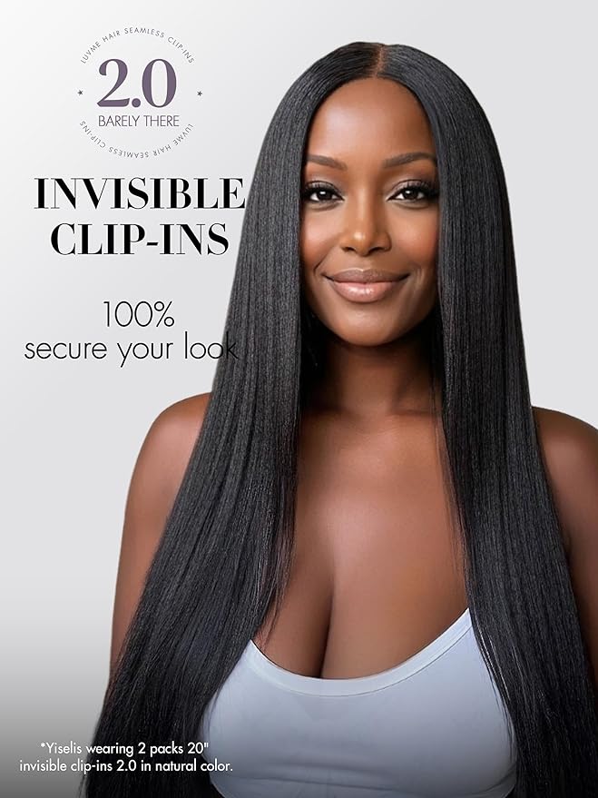 LUVME Invisible Clip in Hair Extensions, Yaki Straight Real Human Hair 24 Inch 2 Pack 220g 12pcs Clip ins Hair Extensions Natural Black for Women