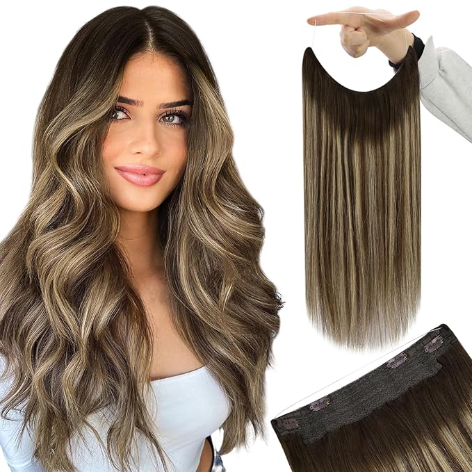 YoungSee Wire Hair Extensions Balayage Invisible Wire Hair Extensions Real Human Hair Chocolate Brown Mix Caramel Blonde Couture Hair Extension With Transparent Line 18In 80G