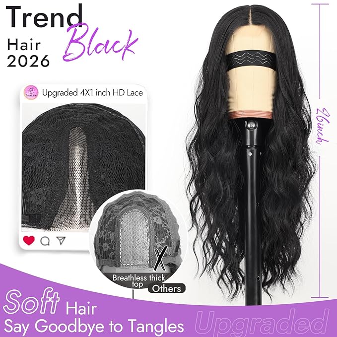 Black Wig for Women Long Wavy 4x1 Lace Natural Hairline Glueless for Beginners Middle Part Synthetic for Daily Party Use 26Inch