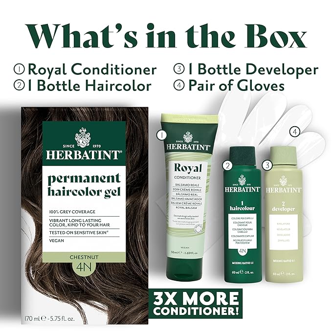 Herbatint Permanent Hair Dye - 5N Light Chestnut - For Up To 100% Gray Coverage of Resistant Gray Hair - Ammonia-Free, Alcohol-Free & Vegan - Salon Influenced Hair color 5.75 fl oz (4 Pack)