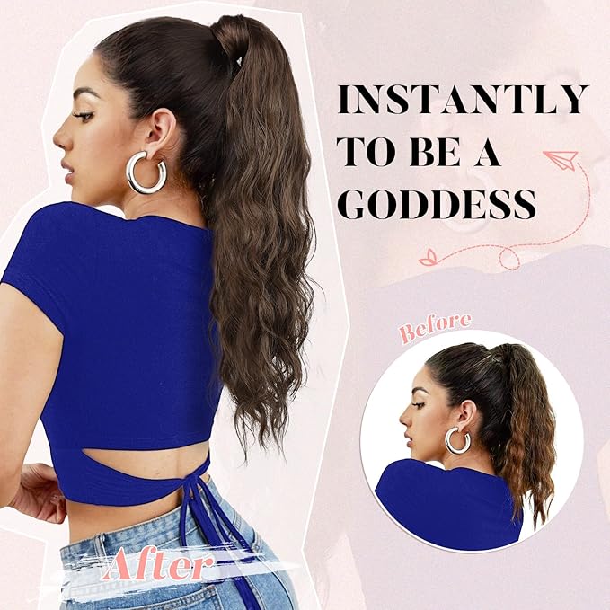 Flufymooz Ponytail Extension, Flexible Wrap Around Ponytail Extension Long Wavy Curly Ponytail Hair Extensions Natural pony tail Synthetic Hairpiece for Women 26 Inch ((Light Brown)