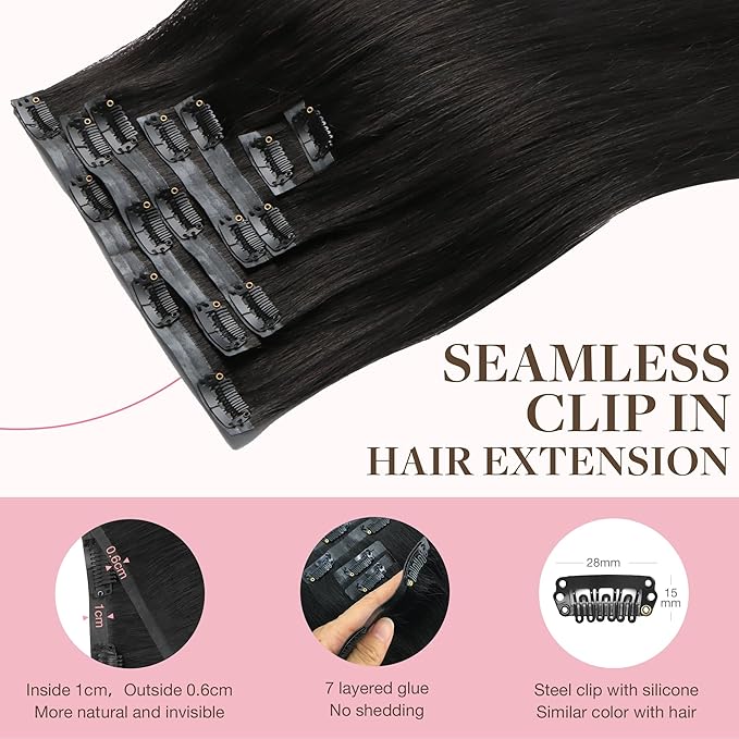 GOO GOO Clip in Hair Extensions Real Human Hair, Remy Human Hair Extensions Clip ins for Women, Natural Human Hair, 14inch 110g 7Pcs, 1B Natural black