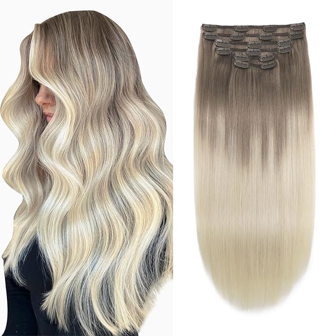 XDhair Hair Extensions Clip in Human Hair 120g 20 Inch Ash Brown to Platinum Blonde Human Hair Clip in Extensions Double Weft 6pcs for Women(20, #8T60)