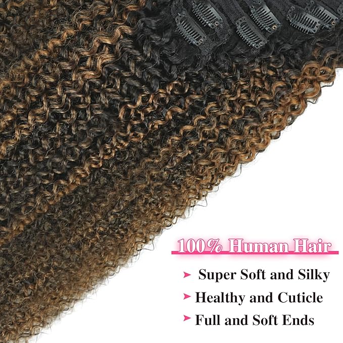 18 Inch Kinky Curly Clip in Hair Extensions Omber T1BP1B/30 Color 3c 4a Kinky Curly Clip ins For Women Brazilian Virgin Hair Clip on Hair Extensions(18inch,T1BP1B/30)