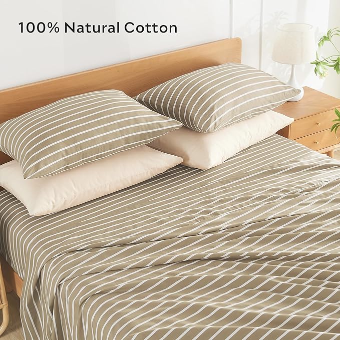 JELLYMONI 100% Natural Cotton Striped King Pillowcases Set, 2 Pack Khaki and White Stripes Pattern Printed Pillow Covers with Envelope Closure(Pillows are not Included)