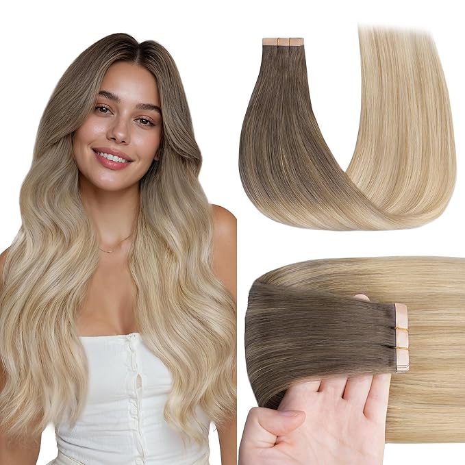 GOO GOO Tape in Hair Extensions Human Hair, 9/18J/60 Chocolate Brown to Champagne Blonde Balayage, 18inch 50g 20pcs, Skin Weft Seamless Invisible, Silky Straight with Thick Ends, Remy Human Hair