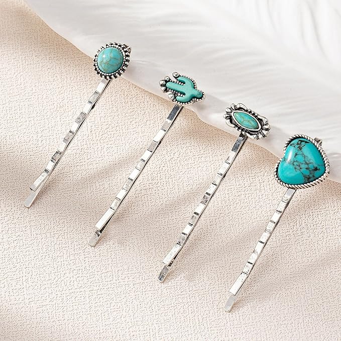 Western Style Hair Bobby Pins 4 Pcs Women's Turquoise Howlite Stone Hair Clip Cowgirl Chic Retro Hair Accessories