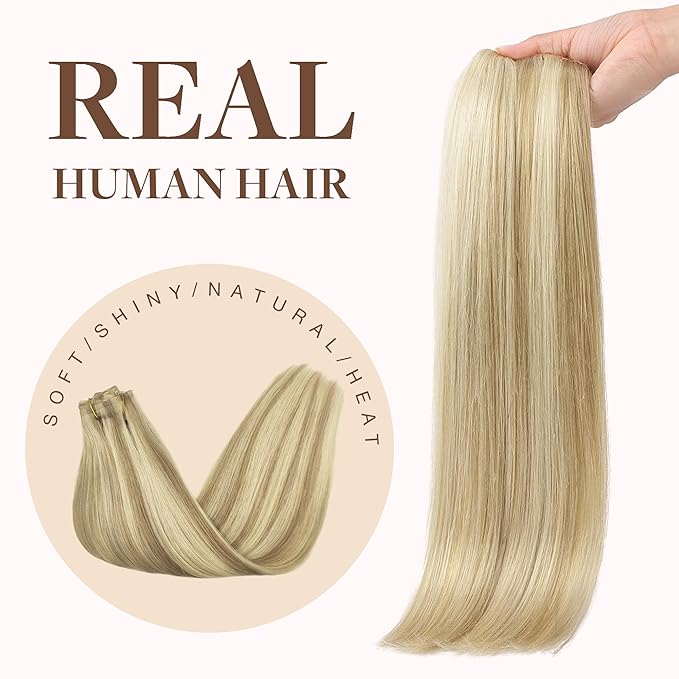 GOO GOO Clip in Hair Extensions Real Human Hair, Remy Human Hair Extensions Clip ins for Women, Natural Human Hair, 18inch 130g 7Pcs, 16/22 Light Blonde Highlighted Golden Blonde