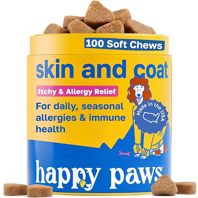Happy Paws Skin and Coat Supplement for Dogs, Shedding & Dog Hair Growth Support for All Breeds & Ages, Made with Coconut Oil & Vitamin B12, Vegan Chicken Flavor, Organic, Non GMO, (100 Chews)