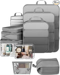 Veken 11 Set Compression Packing Cubes for Travel Essentials,Compressible Expandable Large Luggage Suitcase Organizer Bags for Clothing,Durable Space Saver Storage Bags with Toiletry Bags(Gray)