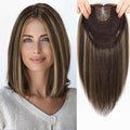 MONO TOP Hair Toppers for Women Human Hair 12 Inch 7"×8" Big Base Partial wig Cover Thinning Hair or Loss No Bangs Top Hair Pieces Natural Wiglets (Dark Brown Highlights)