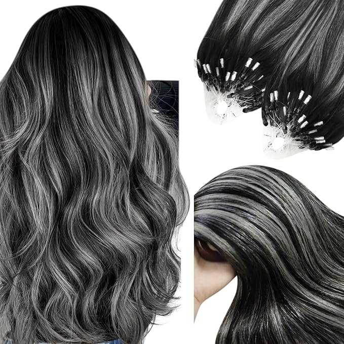 YoungSee Micro Link Hair Extensions Human Hair Ombre Micro Loop Hair Extensions Real Human Hair Silver with Black Balayage Beaded Hair Extension Pre Bonded Hair for Girls 16Inch 50g 50s