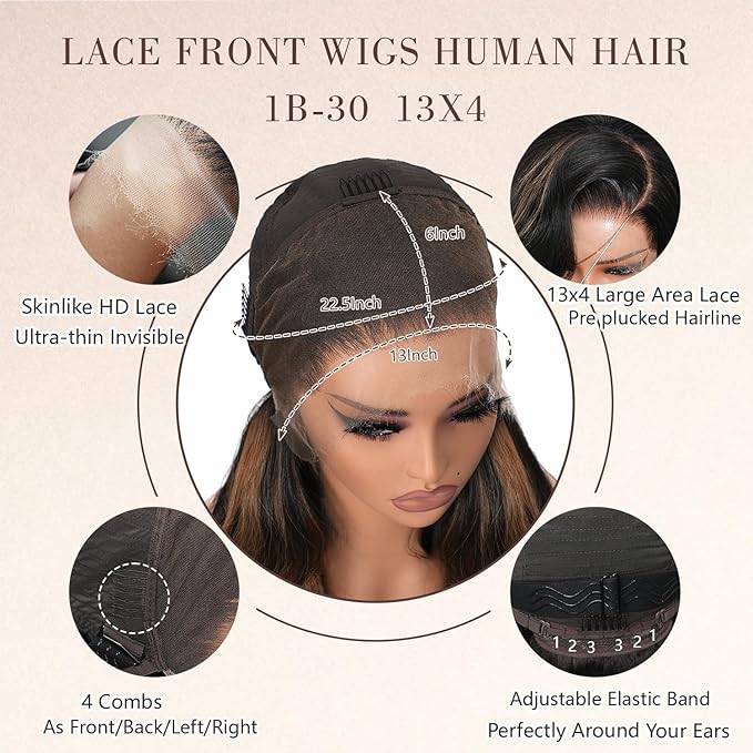 1B/30 Highlight Ombre Brown Body Wave Lace Front Wig Human Hair 13x4 Full Frontal Lace Wig Bleached Tiny Knots Skinlike HD Lace 0.10mm Ultra-thin Invisible 200% Density 32 Inch Black and Brown Colored