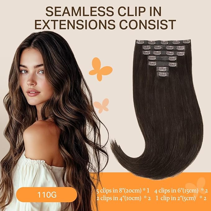 DOORES Seamless Clip-in Hair Extensions, Real Human Hair, Light Dark Brown, 18 Inch, 110g, 7pcs, Invisi Edge, Straight Natural Hair
