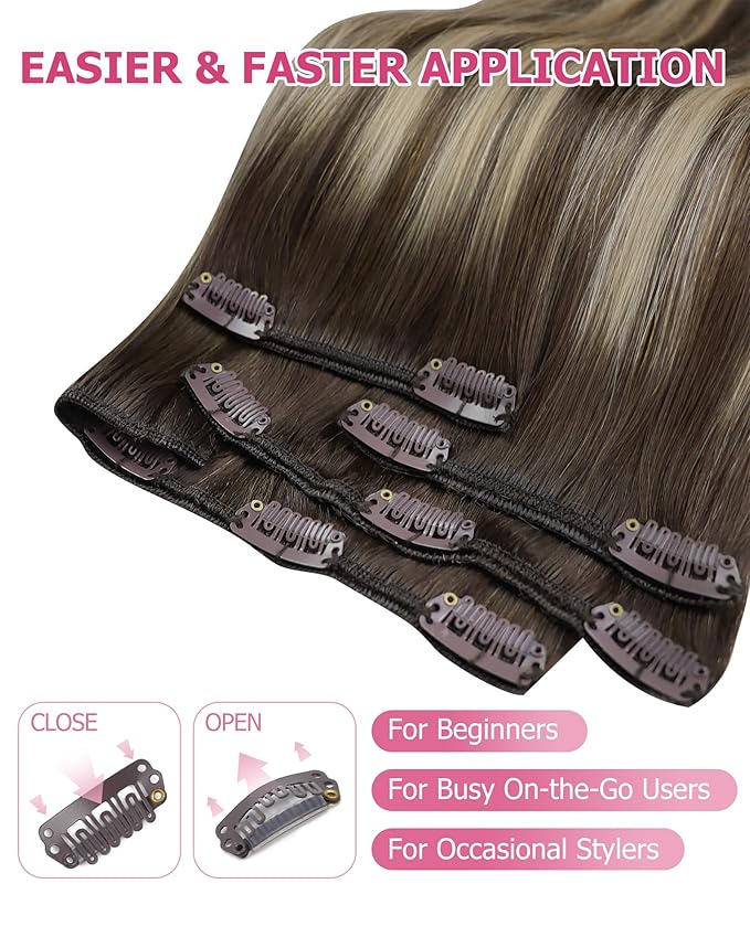 YoungSee Clip in Real Hair Extensions Balayage Brown Human Hair Clip in Extensions Chocolate Brown with Ash Blonde Balayage Clip Real Hair Extension Human Hair Long Straight 22Inch 120G 7Pcs