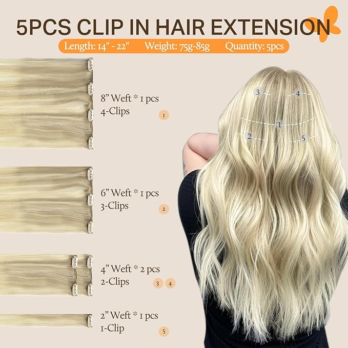DOORES Classic Clip Seamless Clip, 5pcs 75g 14 Inch Balayage Ash Blonde to Golden Blonde and Platinum Blonde