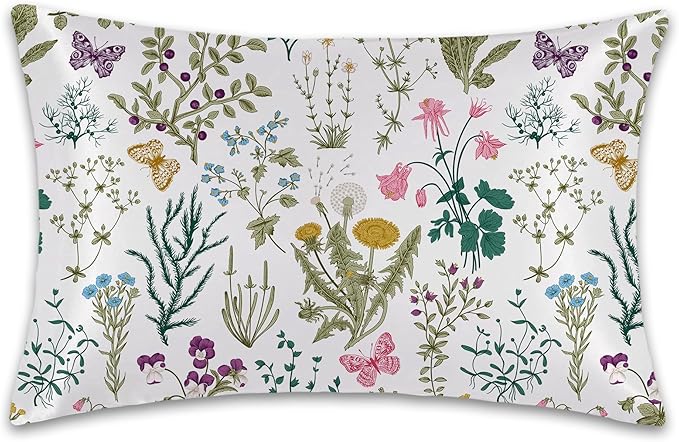 Satin Pillowcase 1 Pack-Leaves Herbs and Wildflowers Silky Pillow Cover for Hair and Skin,King Size 20x36 Inch Soft Cooling Printed Pillow Cases with Hidden Zipper,Gifts for Women Men