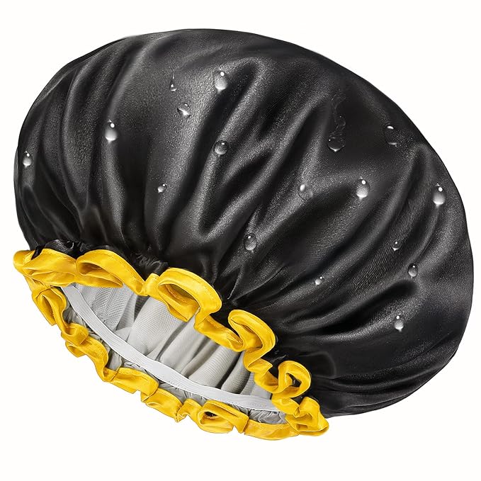 mikimini Small Black Shower Caps for Child 2 Packs, Double Layers Waterproof Bathing Hair Cap with Reusable Soft Comfortable PEVA Lining, Cute, Non-fading & Stretchy Shower Hat