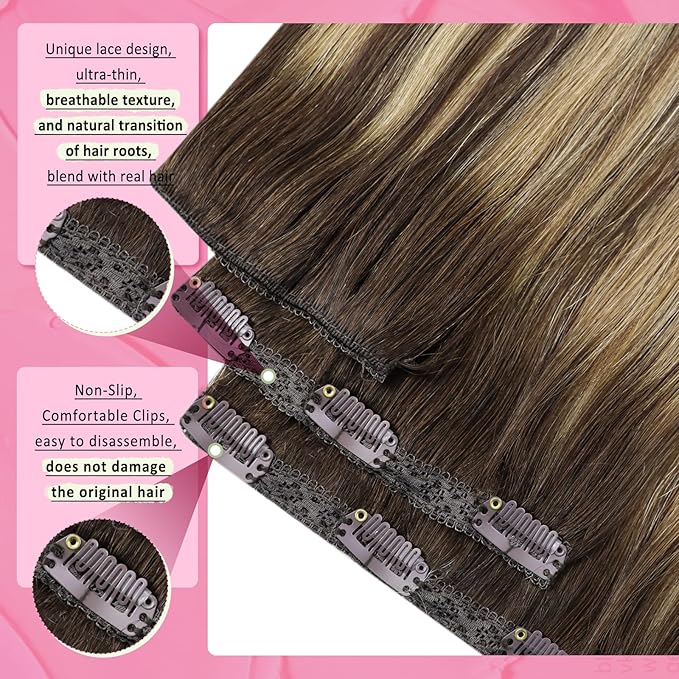 YoungSee Balayage Clip in Hair Extensions Human Hair 12inch Clip on Hair Extensions Dark Brown with Caramel Blonde Balayage Human Hair Clip in Extension for Short Hair Brown Hair Extension 7pcs 80g