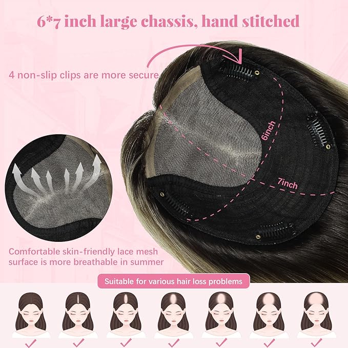 Hair Toppers for Women Real Human Hair 6x7inch Large Base 360°3D Human Hair Toppers for Women Natural Black Ombre Dark Brown Mix Blonde 65g Add Volume 14inch (#1B/4/27 Toppers-14inch)