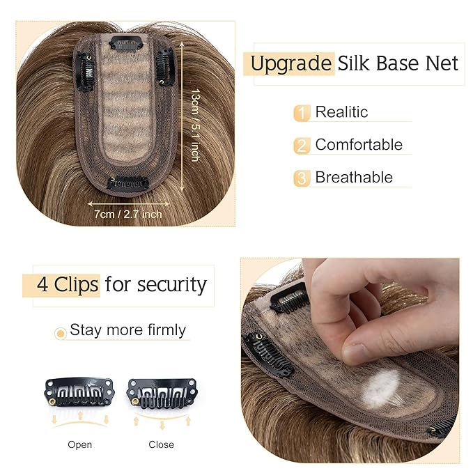 SEGO Human Hair Toppers for Women With Thinning Hair, 7 * 13CM Silk Base 100% Real Human Hair Clip in Top Wiglet Hairpieces //12 Inch No Bangs Medium Brown&Dark Blonde
